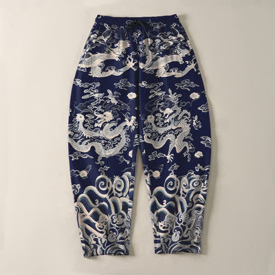 Buddha Stones Pure Cotton Dragon Wave Pattern Drawstring Men's Tapered Pants With Pockets - image 2