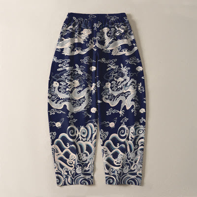Buddha Stones Pure Cotton Dragon Wave Pattern Drawstring Men's Tapered Pants With Pockets - image 3