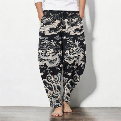 Buddha Stones Pure Cotton Dragon Wave Pattern Drawstring Men's Tapered Pants With Pockets - Black - US/UK/AU50，EU60 (5XL) - image 7