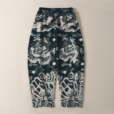 Buddha Stones Pure Cotton Dragon Wave Pattern Drawstring Men's Tapered Pants With Pockets - image 14