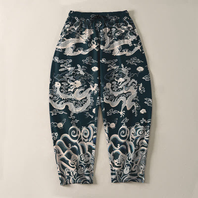 Buddha Stones Pure Cotton Dragon Wave Pattern Drawstring Men's Tapered Pants With Pockets - image 13