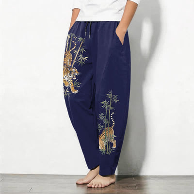 Buddha Stones Pure Cotton Tiger Bamboo Pattern Drawstring Men's Tapered Pants With Pockets - image 12