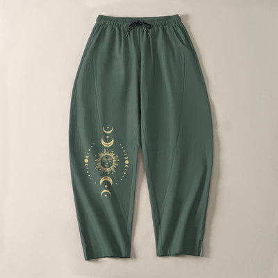 Buddha Stones Pure Cotton Celestial Sun Moon Pattern Drawstring Men's Tapered Pants With Pockets - image 2