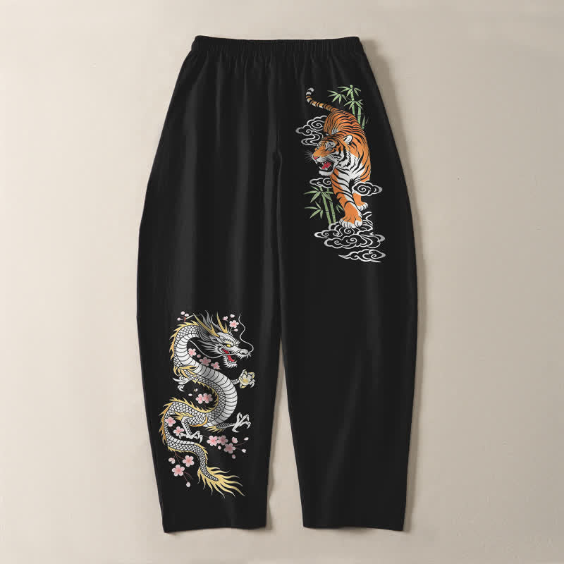 Buddha Stones Pure Cotton Tiger Dragon Pattern Drawstring Men's Tapered Pants With Pockets - image 3