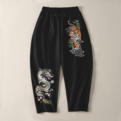 Buddha Stones Pure Cotton Tiger Dragon Pattern Drawstring Men's Tapered Pants With Pockets - image 2