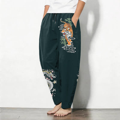 Buddha Stones Pure Cotton Tiger Dragon Pattern Drawstring Men's Tapered Pants With Pockets - image 12