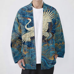 Buddha Stones Cotton Crane Flowing Waves Pattern Open Front Men's Kimono - RoyalBlue - US/UK/AU48，EU58 (4XL) - image 0