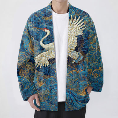 Buddha Stones Cotton Crane Flowing Waves Pattern Open Front Men's Kimono - RoyalBlue - US/UK/AU48，EU58 (4XL) - image 0