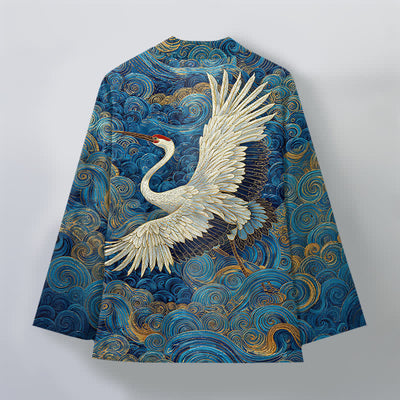 Buddha Stones Cotton Crane Flowing Waves Pattern Open Front Men's Kimono - image 2