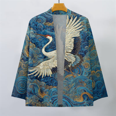 Buddha Stones Cotton Crane Flowing Waves Pattern Open Front Men's Kimono - image 1
