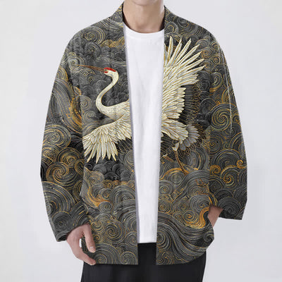 Buddha Stones Cotton Crane Flowing Waves Pattern Open Front Men's Kimono - DarkGray - US/UK/AU48，EU58 (4XL) - image 6