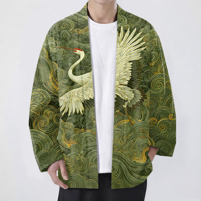 Buddha Stones Cotton Crane Flowing Waves Pattern Open Front Men's Kimono - OliveDrab - US/UK/AU48，EU58 (4XL) - image 9