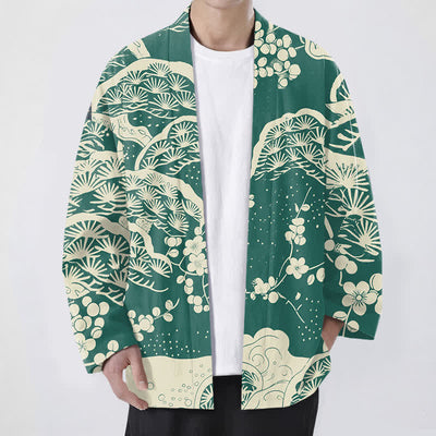 Buddha Stones Cotton Pine Plum Blossom Pattern Open Front Men's Kimono - SeaGreen - US/UK/AU48，EU58 (4XL) - image 6