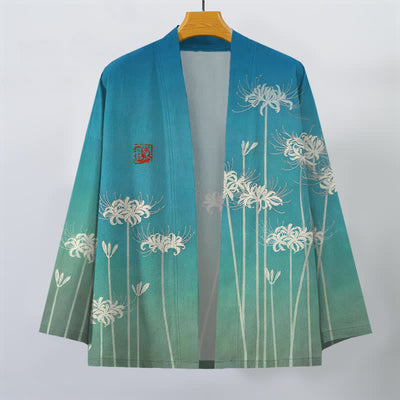 Buddha Stones Cotton White Spider Lily Pattern Open Front Men's Kimono - image 1