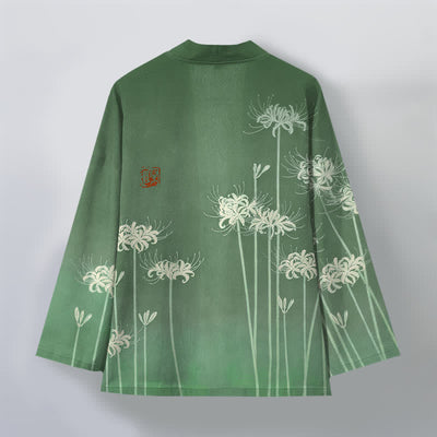 Buddha Stones Cotton White Spider Lily Pattern Open Front Men's Kimono - image 8