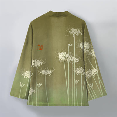 Buddha Stones Cotton White Spider Lily Pattern Open Front Men's Kimono - image 11