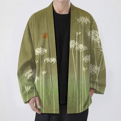 Buddha Stones Cotton White Spider Lily Pattern Open Front Men's Kimono - Olive - US/UK/AU48，EU58 (4XL) - image 9