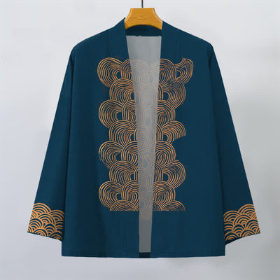 Buddha Stones Cotton Crescent Wave Pattern Open Front Men's Kimono - image 7