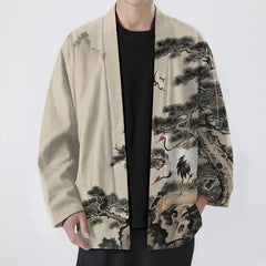 Buddha Stones Cotton Pine Crane Ink Pattern Open Front Men's Kimono - Beige - US/UK/AU48，EU58 (4XL) - image 0