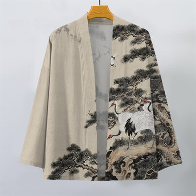 Buddha Stones Cotton Pine Crane Ink Pattern Open Front Men's Kimono - image 1