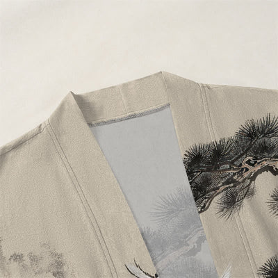 Buddha Stones Cotton Pine Crane Ink Pattern Open Front Men's Kimono - image 3