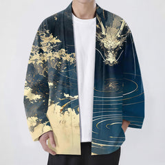 Buddha Stones Cotton Golden Dragon Cloud Waves Pattern Open Front Men's Kimono - Navy - US/UK/AU48，EU58 (4XL) - image 0