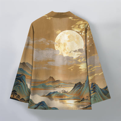 Buddha Stones Cotton Golden Moon Mountain Landscape Pattern Open Front Men's Kimono - image 2