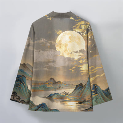 Buddha Stones Cotton Golden Moon Mountain Landscape Pattern Open Front Men's Kimono - image 8