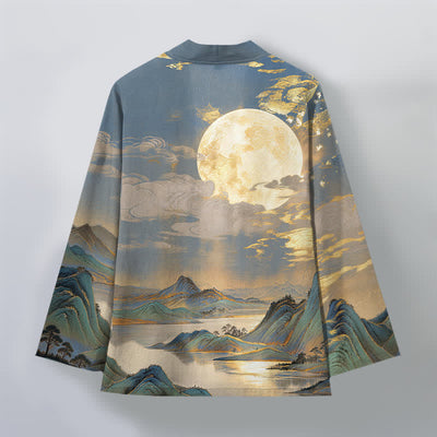 Buddha Stones Cotton Golden Moon Mountain Landscape Pattern Open Front Men's Kimono - image 11
