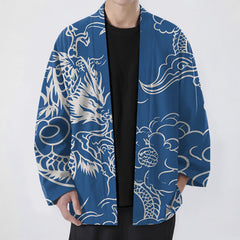 Buddha Stones Cotton White Dragon and Cloud Pattern Open Front Men's Kimono - RoyalBlue - US/UK/AU48，EU58 (4XL) - image 0