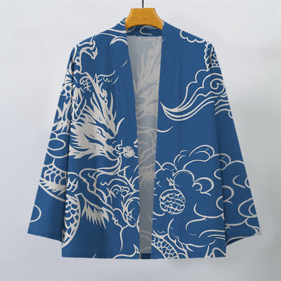 Buddha Stones Cotton White Dragon and Cloud Pattern Open Front Men's Kimono - image 1