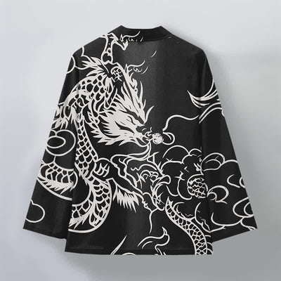 Buddha Stones Cotton White Dragon and Cloud Pattern Open Front Men's Kimono - image 11