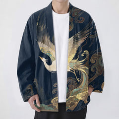 Buddha Stones Cotton Golden Crane Clouds Pattern Open Front Men's Kimono - Navy - US/UK/AU48，EU58 (4XL) - image 0