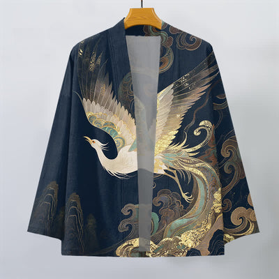 Buddha Stones Cotton Golden Crane Clouds Pattern Open Front Men's Kimono - image 1