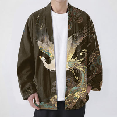 Buddha Stones Cotton Golden Crane Clouds Pattern Open Front Men's Kimono - SaddleBrown - US/UK/AU48，EU58 (4XL) - image 6