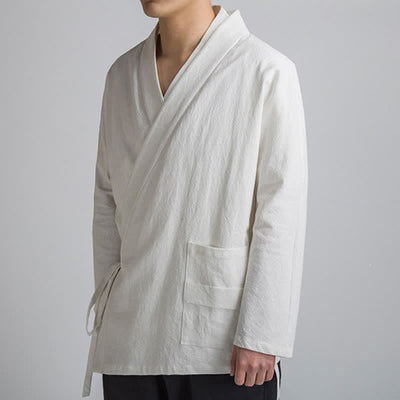 Buddha Stones Spring Fall Minimalist Tang Style Drawstring Solid Cotton Men's Kimonos With Pocket - image 14