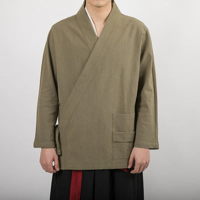 Buddha Stones Spring Fall Minimalist Tang Style Drawstring Solid Cotton Men's Kimonos With Pocket - DarkKhaki - US/UK/AU44，EU54 (4XL) - image 4