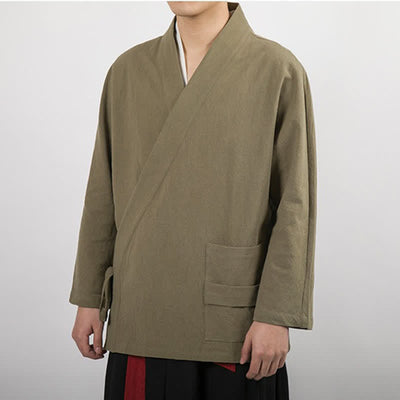 Buddha Stones Spring Fall Minimalist Tang Style Drawstring Solid Cotton Men's Kimonos With Pocket - image 5