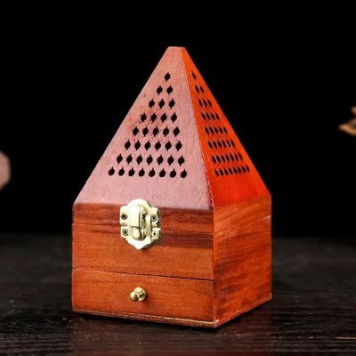 Buddha Stones Natural Wood Square Ritual Box Purification Incense Burner - Small Hole Short Triangular Pyramids - image 9