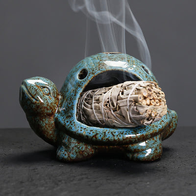 Buddha Stones Ceramic Turtle Endurance Incense Burner - Blue - image 0
