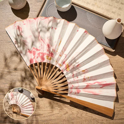 Buddha Stones Pink Gold Lacquer Floating Pattern Ink Bamboo Paper Folding Fan - 10-inch Folding Fan Pink Gold - Closed Size: Approx. 33 cm /13.0 in - image 0