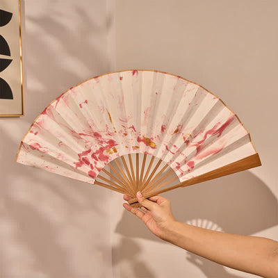 Buddha Stones Pink Gold Lacquer Floating Pattern Ink Bamboo Paper Folding Fan - image 3