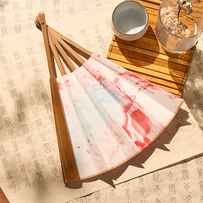 Buddha Stones Pink And Blue Lacquer Floating Pattern Ink Bamboo Paper Folding Fan - image 4