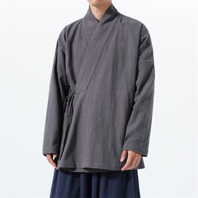 Buddha Stones Fall Winter Simple Tang Style Drawstring Solid Cotton Men's Kimono With Pocket - DimGray - US/UK/AU46，EU56 (5XL) - image 7