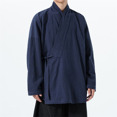 Buddha Stones Fall Winter Simple Tang Style Drawstring Solid Cotton Men's Kimono With Pocket - image 2
