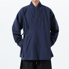 Buddha Stones Fall Winter Simple Tang Style Drawstring Solid Cotton Men's Kimono With Pocket - Navy - US/UK/AU46，EU56 (5XL) - image 0