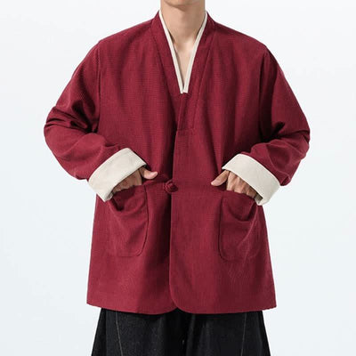 Buddha Stones Fall Casual Tang Style Frog Button V-Neck Solid Men's Jacket With Pockets - image 1