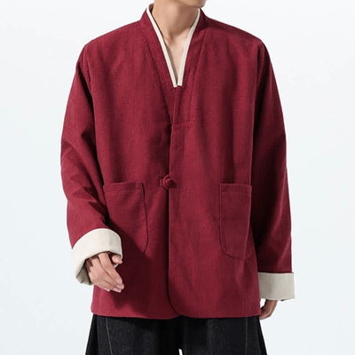 Buddha Stones Fall Casual Tang Style Frog Button V-Neck Solid Men's Jacket With Pockets - image 4