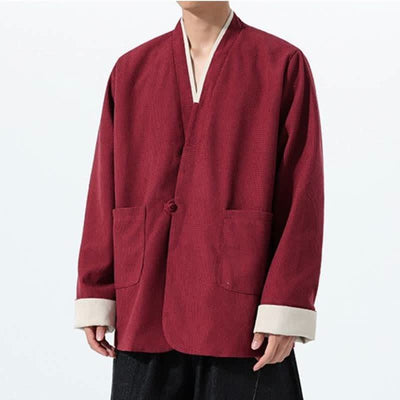 Buddha Stones Fall Casual Tang Style Frog Button V-Neck Solid Men's Jacket With Pockets - image 3