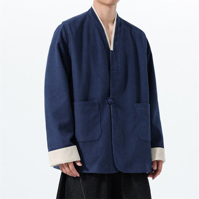 Buddha Stones Fall Casual Tang Style Frog Button V-Neck Solid Men's Jacket With Pockets - image 12
